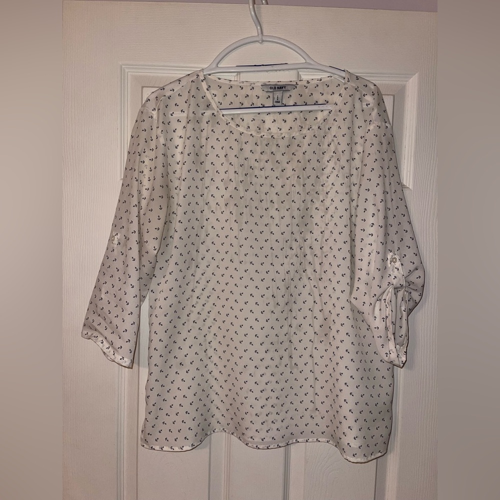 Women’s large Old Navy ivory w navy anchor pattern blouse 3/4 Convertible sleeve
